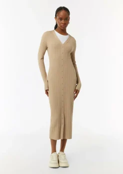 Geripptes Midikleid mit dekorativer Knopfleiste-Comma Outlet
