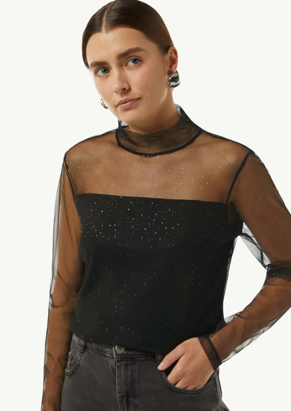 Mesh-Longsleeve mit Glitzer-Details-Comma Best