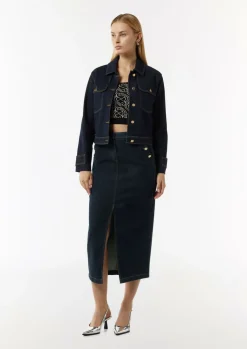 Schmal geschnittener Denimrock mit goldfarbenen Zierknöpfen-Comma Clearance