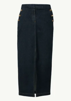 Schmal geschnittener Denimrock mit goldfarbenen Zierknöpfen-Comma Clearance
